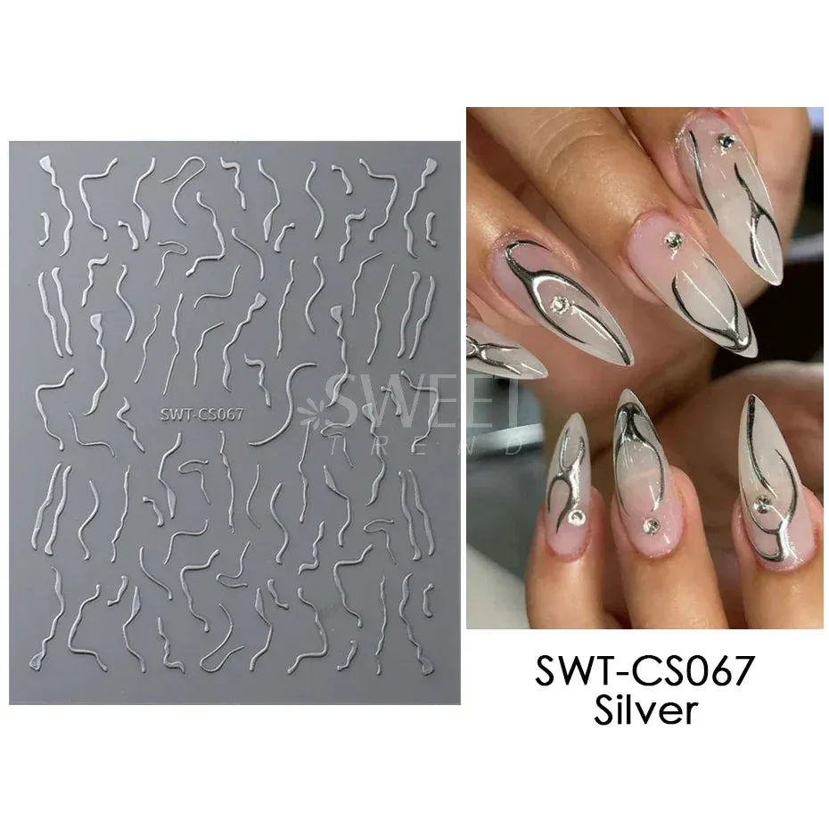 Joskaa Metallic Silver Line Nail Manicure Stickers Metal Chrome Stripe Vine Flame Adhesive Decals Tape Swirl French Sliders Decor Foils