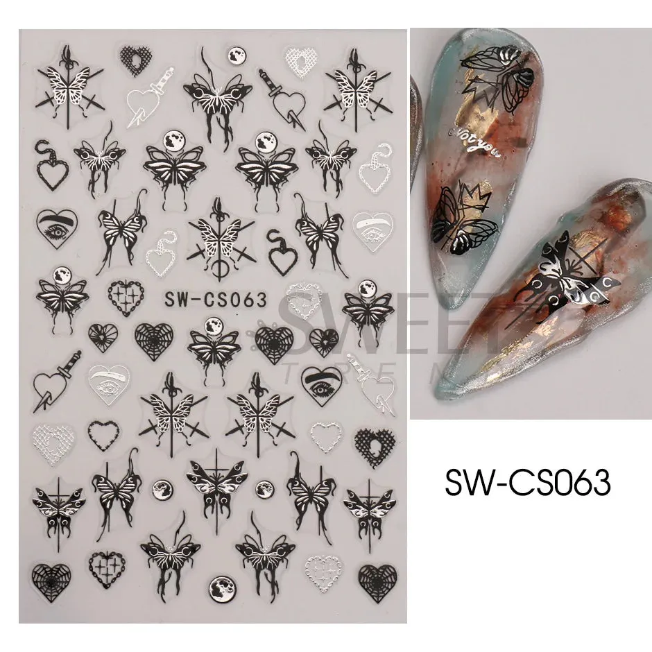 Joskaa Metallic Silver Line Nail Manicure Stickers Metal Chrome Stripe Vine Flame Adhesive Decals Tape Swirl French Sliders Decor Foils
