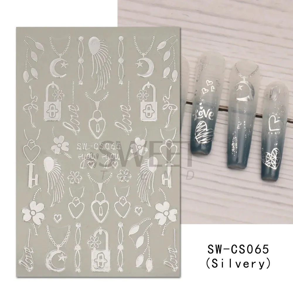 Joskaa Metallic Silver Line Nail Manicure Stickers Metal Chrome Stripe Vine Flame Adhesive Decals Tape Swirl French Sliders Decor Foils