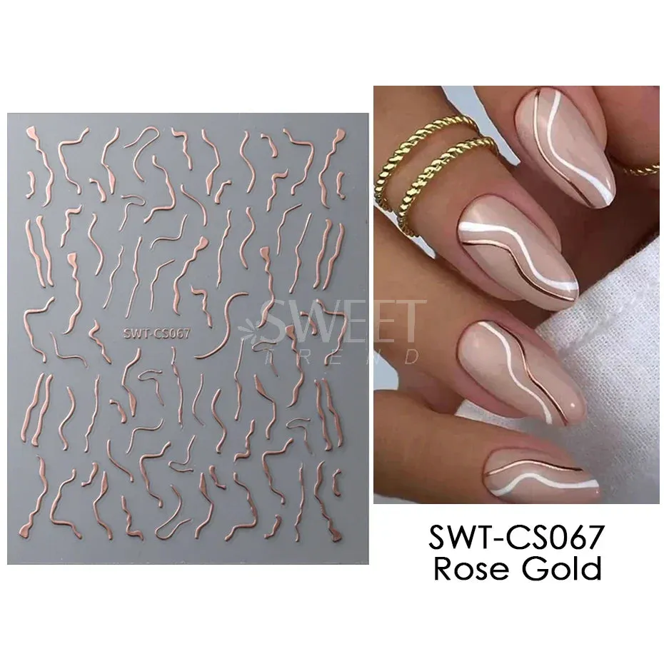 Joskaa Metallic Silver Line Nail Manicure Stickers Metal Chrome Stripe Vine Flame Adhesive Decals Tape Swirl French Sliders Decor Foils