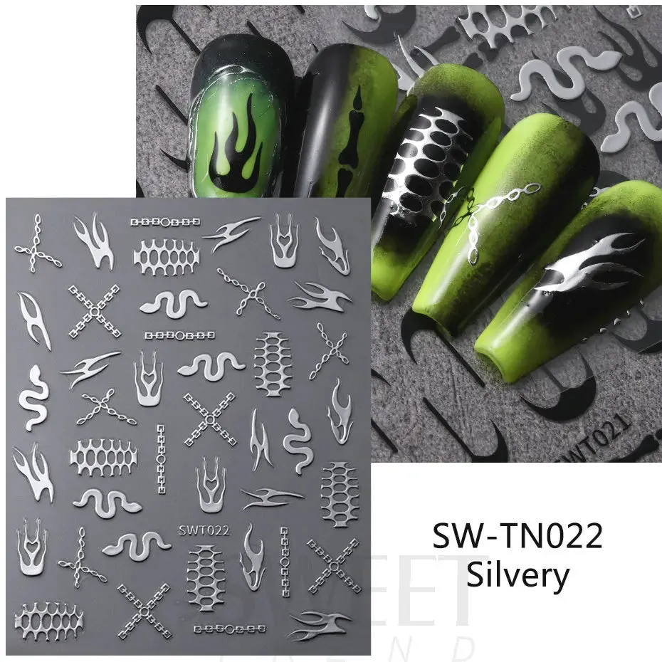 Joskaa Metallic Silver Line Nail Manicure Stickers Metal Chrome Stripe Vine Flame Adhesive Decals Tape Swirl French Sliders Decor Foils