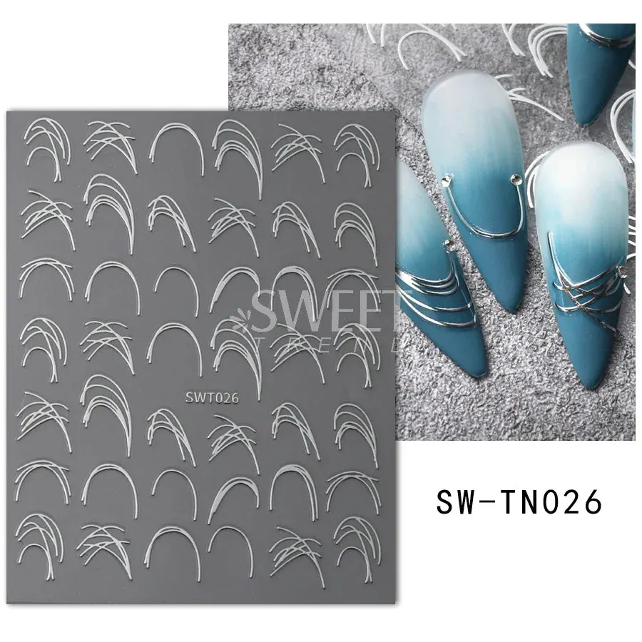 Joskaa Metallic Silver Line Nail Manicure Stickers Metal Chrome Stripe Vine Flame Adhesive Decals Tape Swirl French Sliders Decor Foils