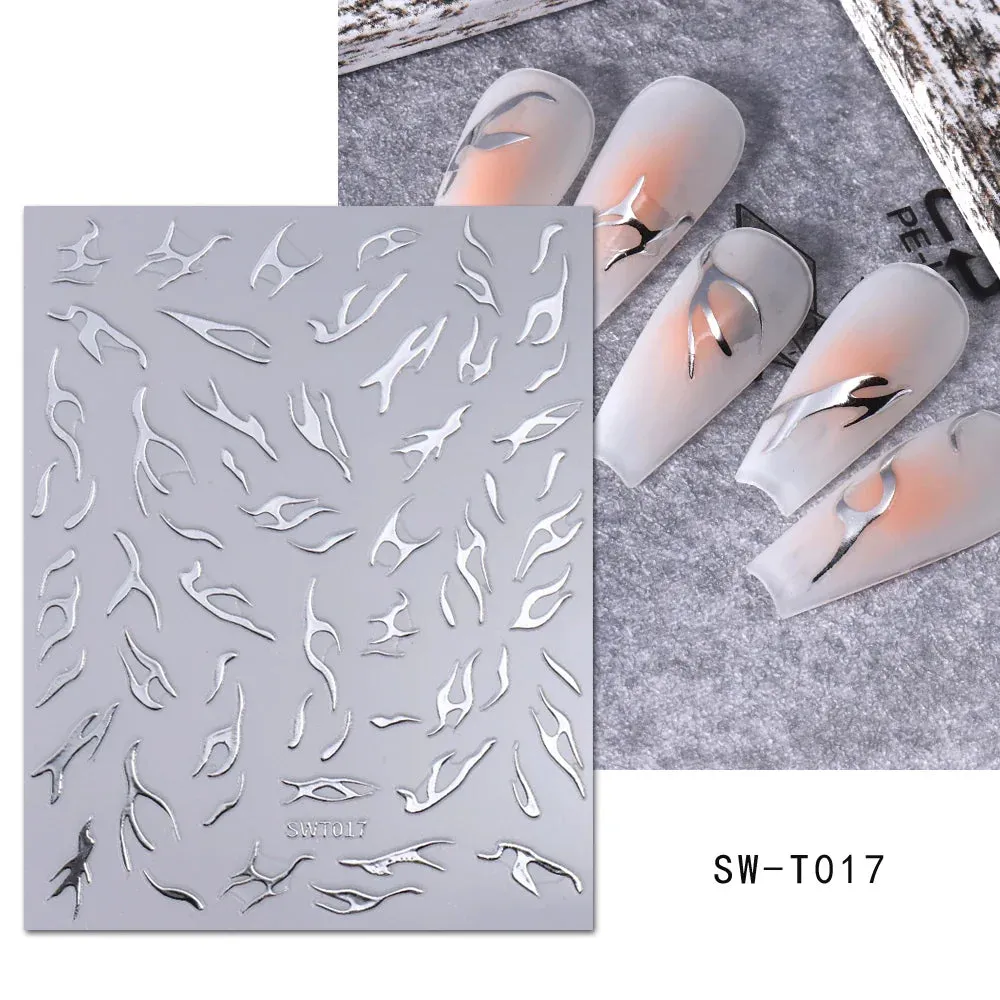 Joskaa Metallic Silver Line Nail Manicure Stickers Metal Chrome Stripe Vine Flame Adhesive Decals Tape Swirl French Sliders Decor Foils