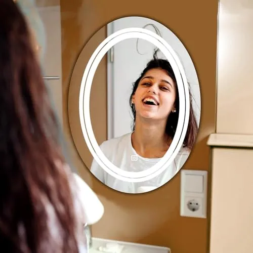 KAMAL INTERIORS Oval Wall Mounting Mirror with Light |Bathroom Mirror,Venity Mirror,Smart Mirror | LED Mirror 3 Tone (Cool White, Natural White, Warm White)