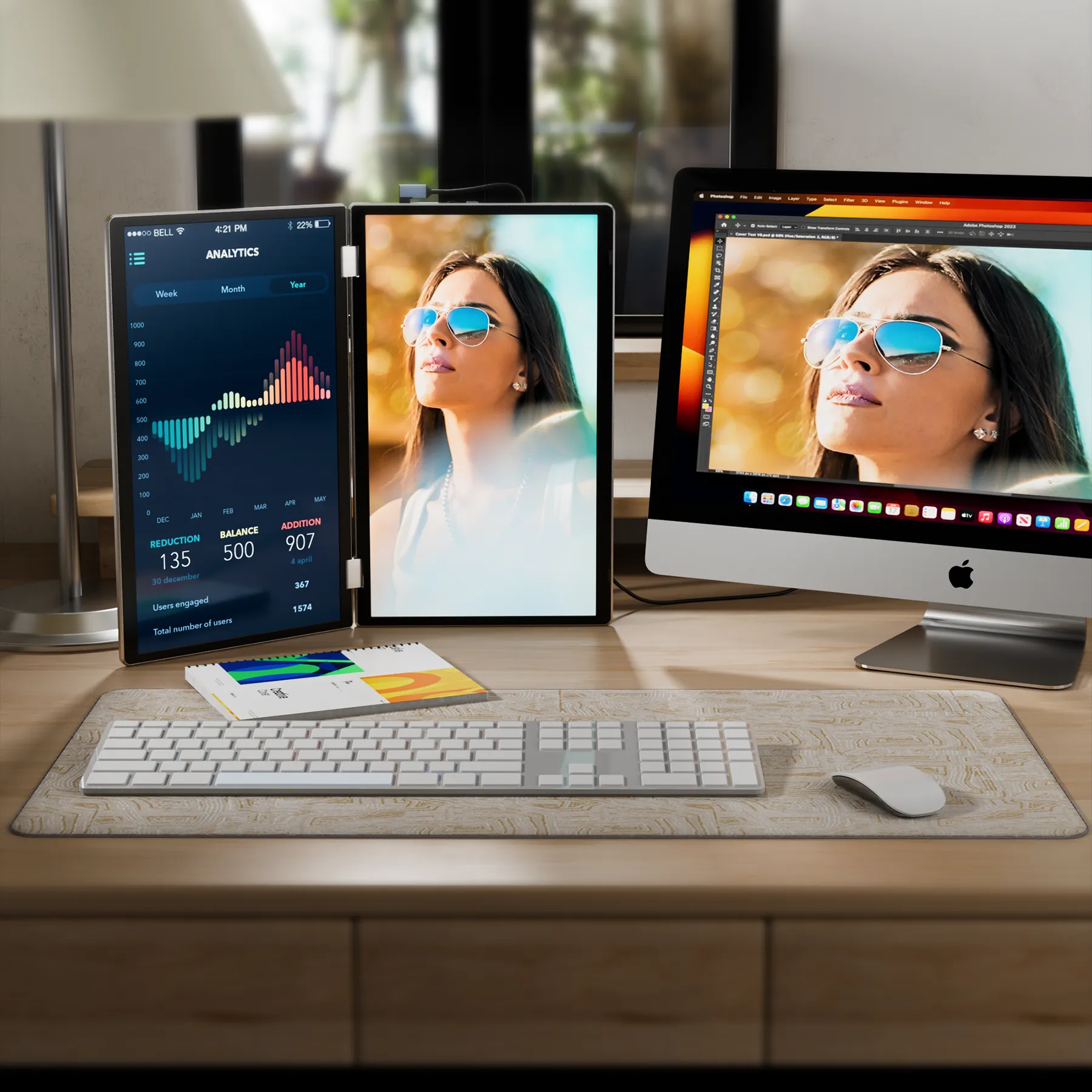 KEFEYA M2 Foldable Monitor Laptop Screen Extender, 15.6" Folding Triple Portable Monitor for Laptop, 1080P FHD IPS Display Triple Monitor for Laptop with Windows MacOS, One Cable/340° Rotation/VESA Mountable/Ergo Design