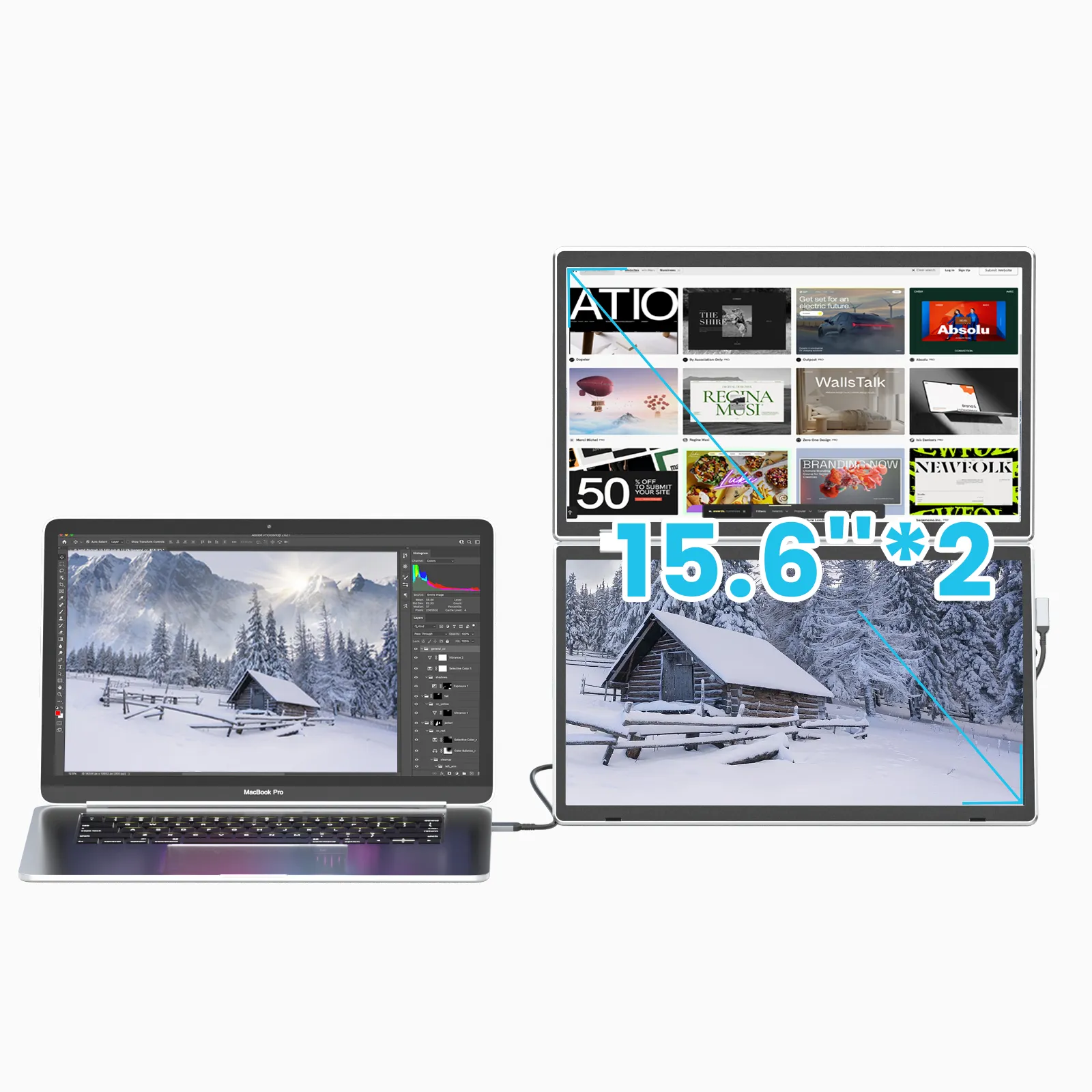 KEFEYA M2 Foldable Monitor Laptop Screen Extender, 15.6" Folding Triple Portable Monitor for Laptop, 1080P FHD IPS Display Triple Monitor for Laptop with Windows MacOS, One Cable/340° Rotation/VESA Mountable/Ergo Design