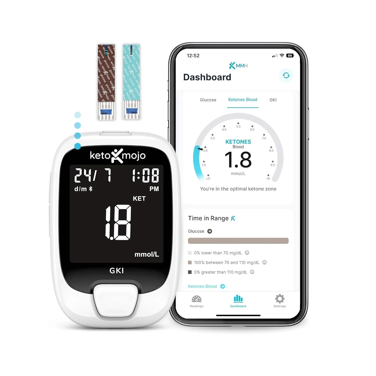 KETO-MOJO GKI Bluetooth Blood Glucose & Ketone Test Kit - Comprehensive Diabetes & Ketosis Management with Free App - Includes 20 Test Strips, Meter, Lancets, Lancing Device, & Control Solutions