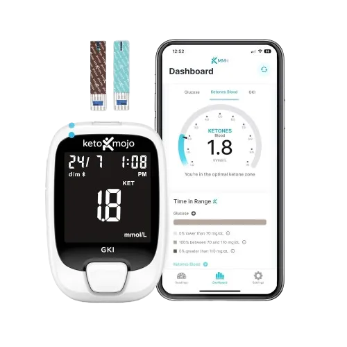 KETO-MOJO GKI Bluetooth Blood Glucose & Ketone Test Kit - Comprehensive Diabetes & Ketosis Management with Free App - Includes 20 Test Strips, Meter, Lancets, Lancing Device, & Control Solutions