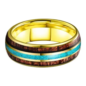 Koa Wood & Turquoise Yellow Gold Tungsten Ring (8mm)