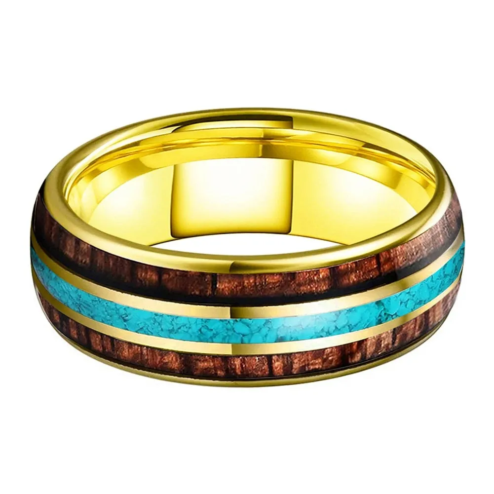 Koa Wood & Turquoise Yellow Gold Tungsten Ring (8mm)