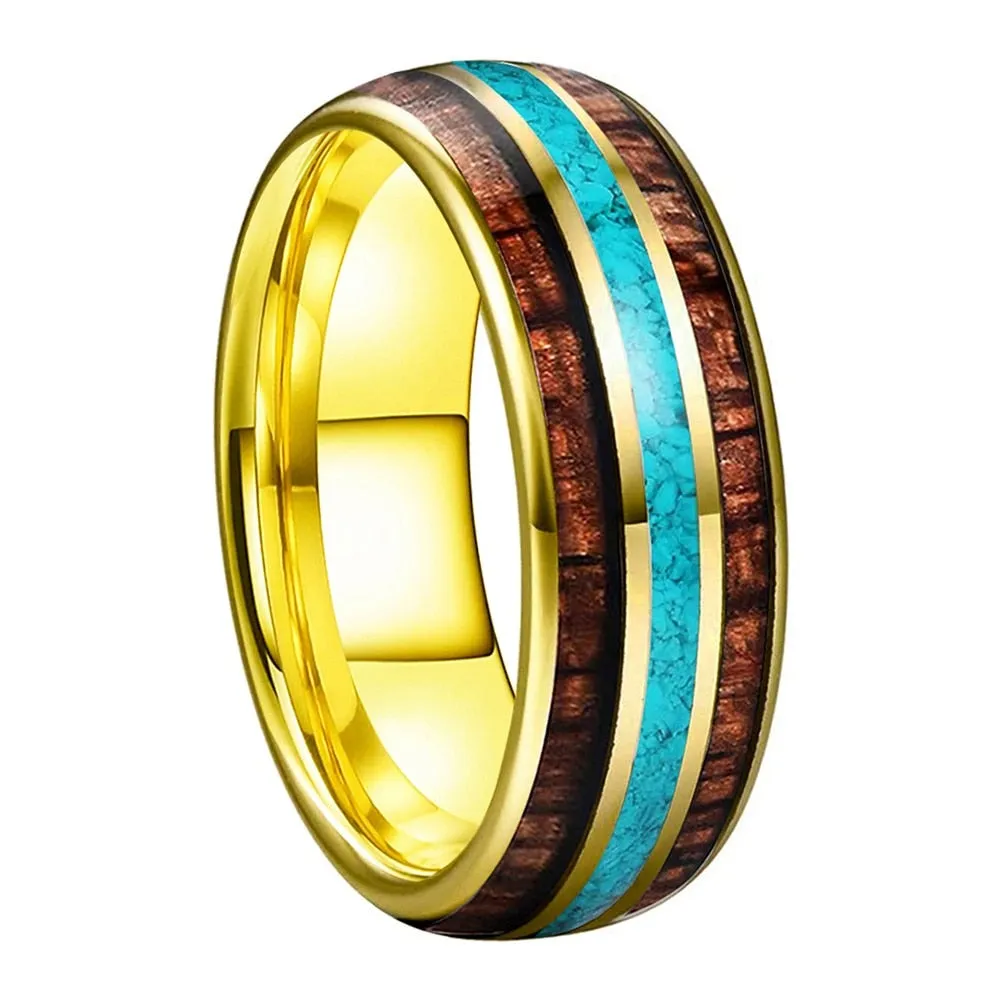Koa Wood & Turquoise Yellow Gold Tungsten Ring (8mm)