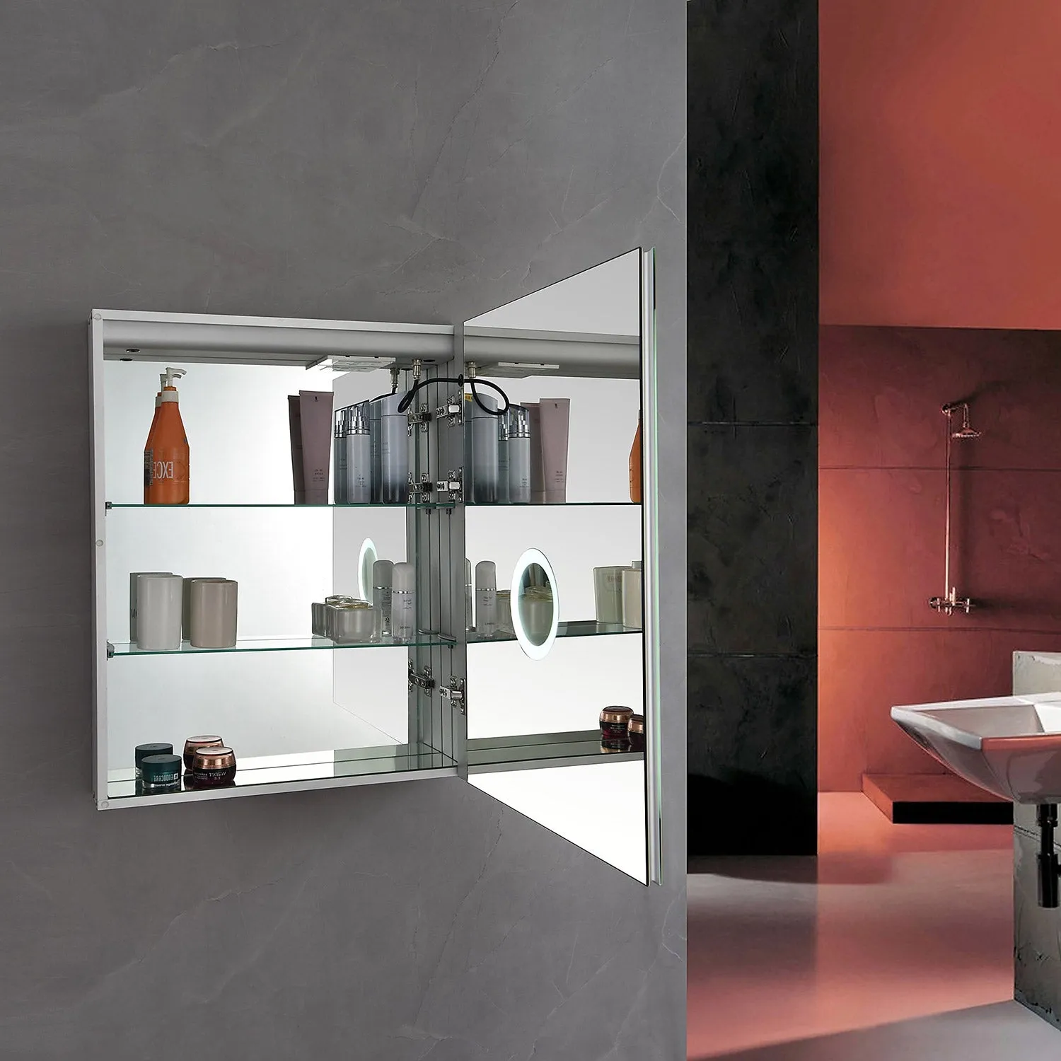 LED illuminated Anti-Fog 3X Zoom Makeup Mirror Medicine Cabinet Single Door with Power Outlet and Touch