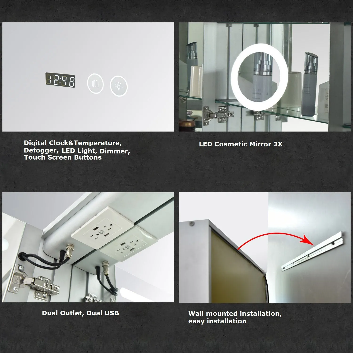 LED illuminated Anti-Fog 3X Zoom Makeup Mirror Medicine Cabinet Single Door with Power Outlet and Touch