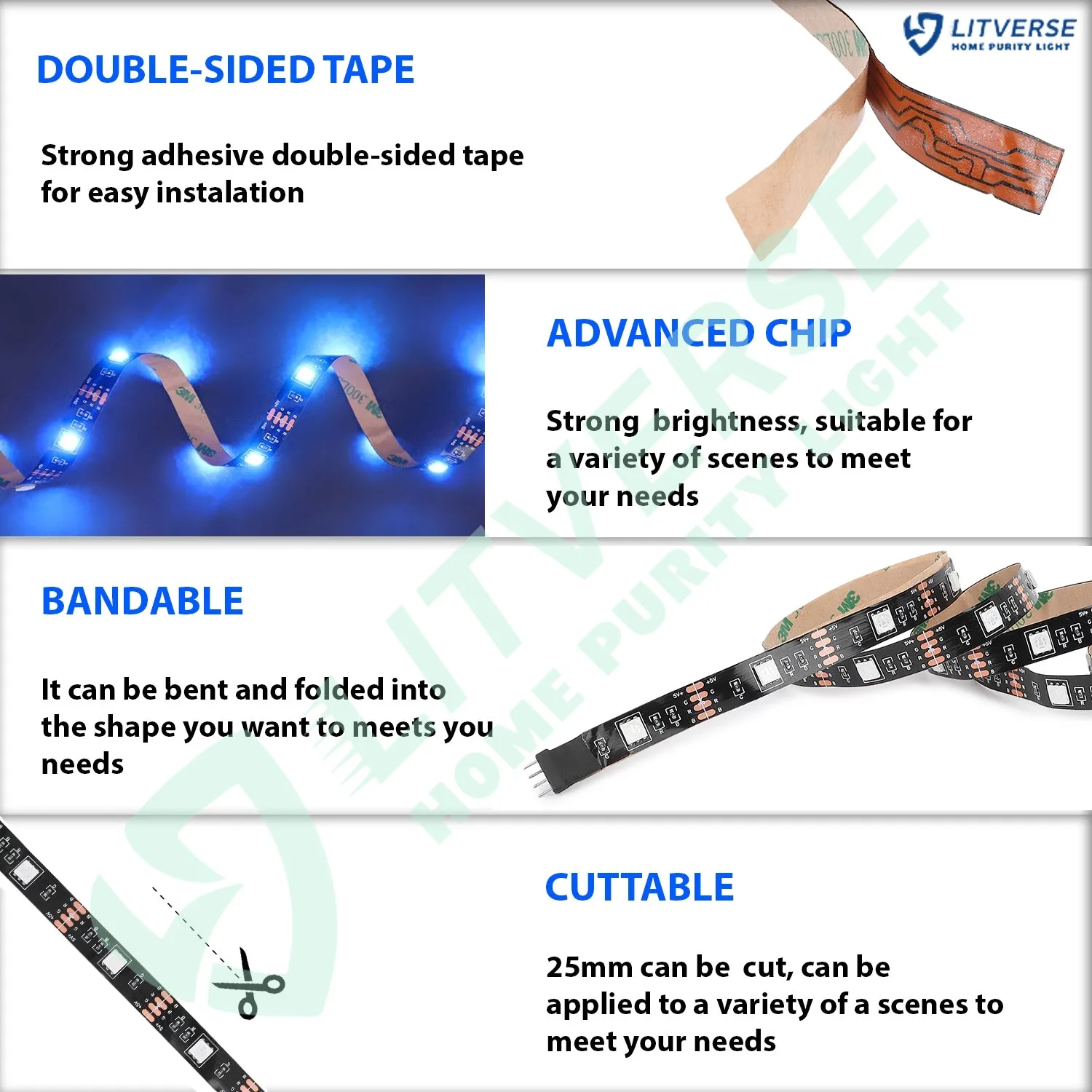 LITVERSE Light Strips 1Meter | RGB 5050 Color Changing LED Strip Light with USB Cable for TV Backlight, Bedroom, Cabinet Shelf Display (1 Meter for 16'' to 28''-Multi)