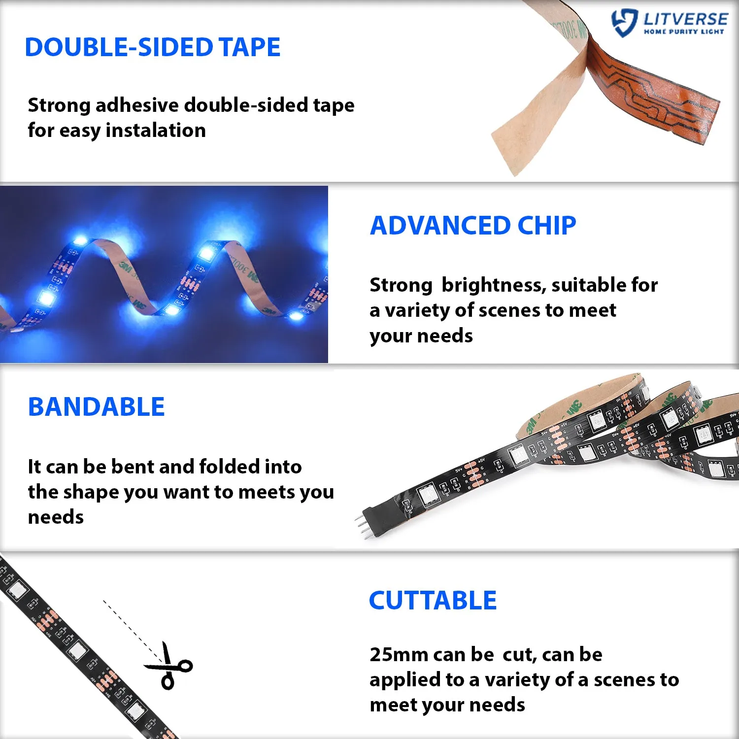 LITVERSE Light Strips 1Meter | RGB 5050 Color Changing LED Strip Light with USB Cable for TV Backlight, Bedroom, Cabinet Shelf Display (1 Meter for 16'' to 28''-Multi)