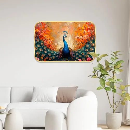 Livin'luxe paintings beautiful peacock modern art Premium Sparkle Lamination Finished Surface Golden Slim Frame 30 cm x 46 cm Large Size, For Home/Office/Hotel painting MG75