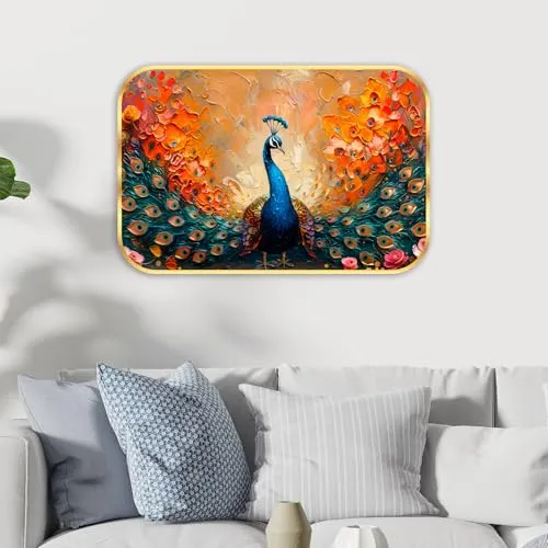 Livin'luxe paintings beautiful peacock modern art Premium Sparkle Lamination Finished Surface Golden Slim Frame 30 cm x 46 cm Large Size, For Home/Office/Hotel painting MG75