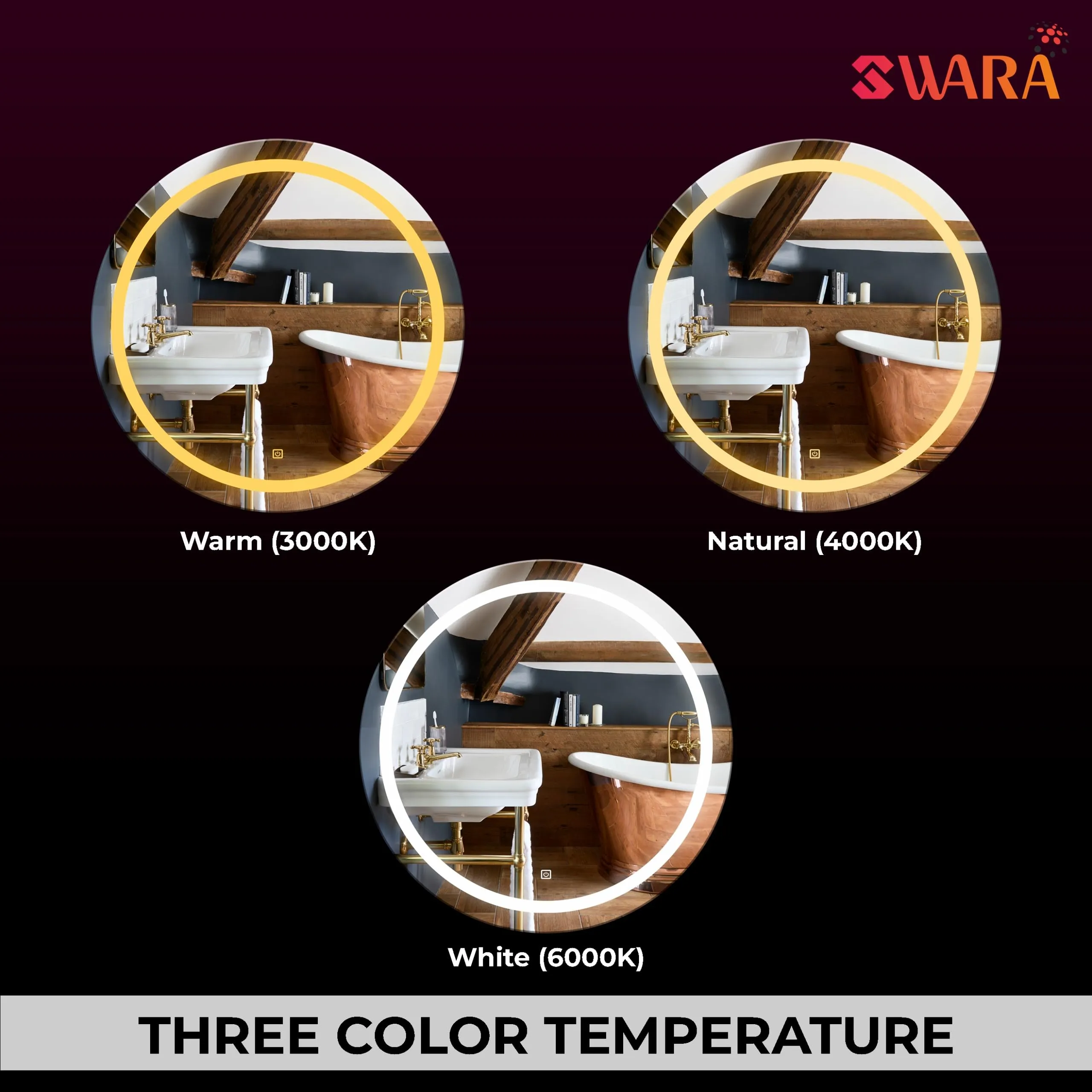 LUPPRA Round Wall Mounting Mirror with Light |Bathroom Mirror,Venity Mirror,Smart Mirror Size 24X24 inch| LED Mirror 3 Tone (Cool White, Natural White, Warm White).