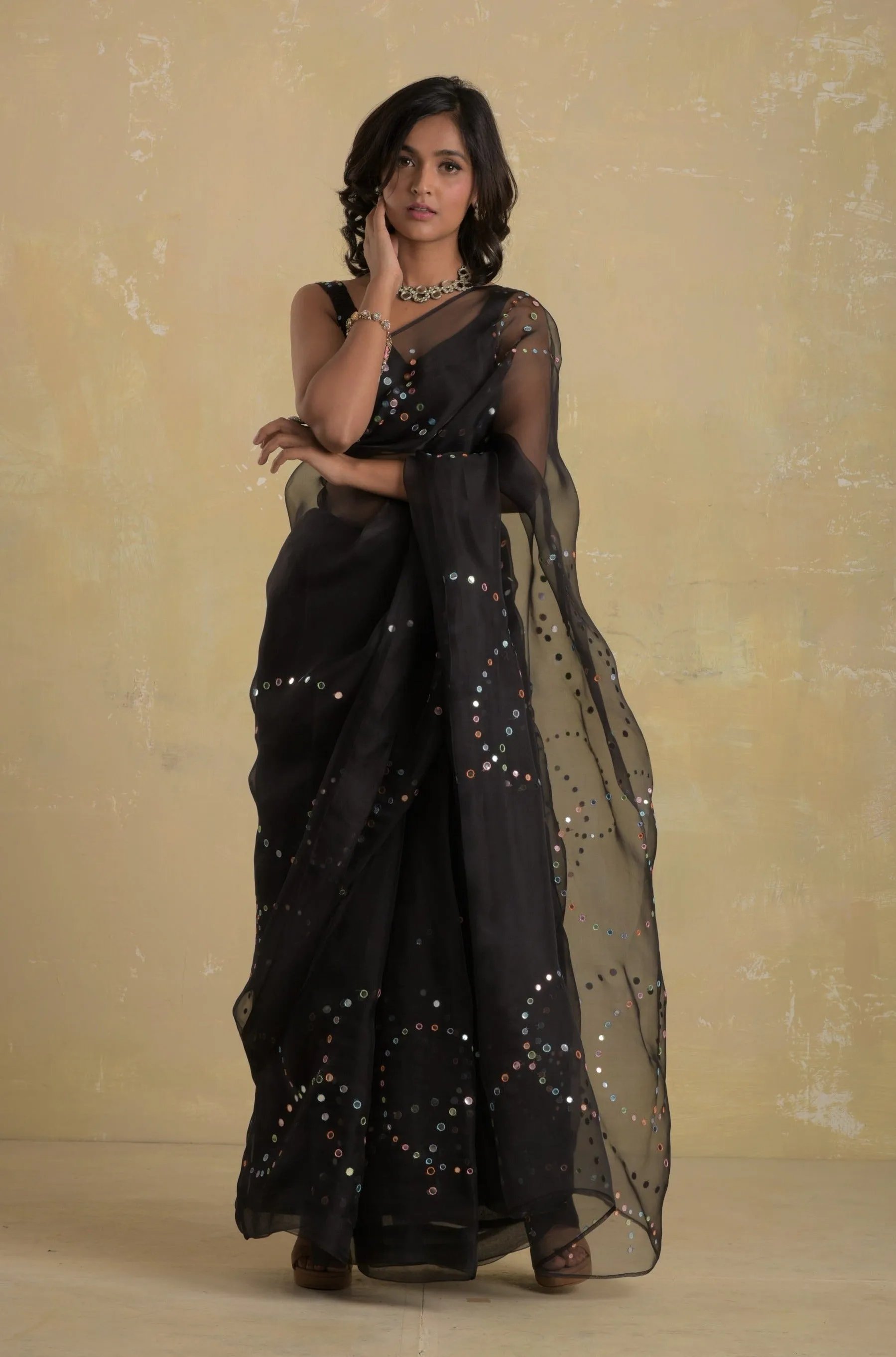Midnight Black Organza Saree (Blouse optional)