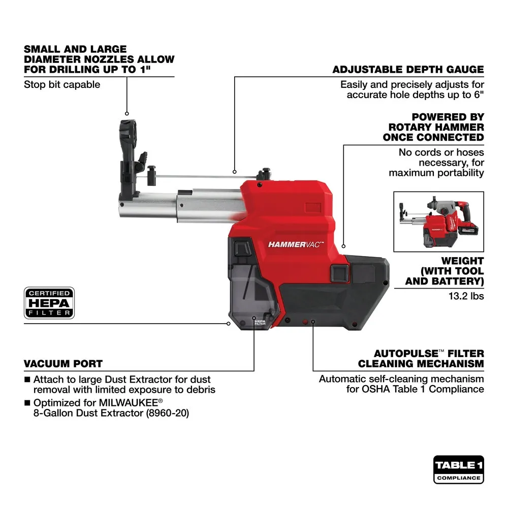 Milwaukee 2912-DE M18 FUEL HAMMERVAC 1" Dedicated Dust Extractor - Bare Tool