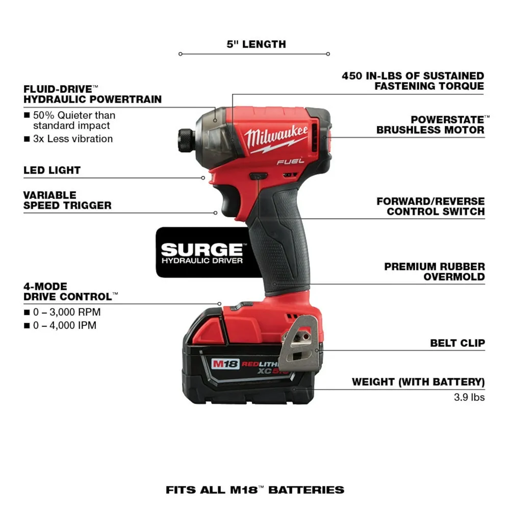 Milwaukee 3699-22 M18 FUEL 18V Cordless 2-Tool SURGE Combo Kit w/5.0AH Batteries