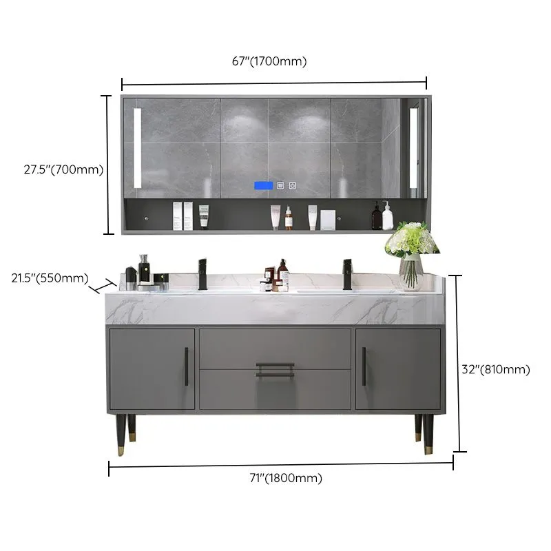 Mirror Bath Vanity Set Grey Metal Frame 2 Doors Rectangle Vanity with Drawers