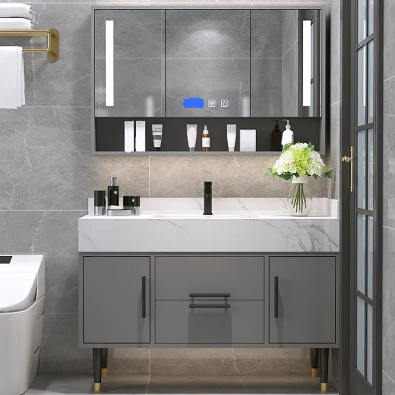 Mirror Bath Vanity Set Grey Metal Frame 2 Doors Rectangle Vanity with Drawers