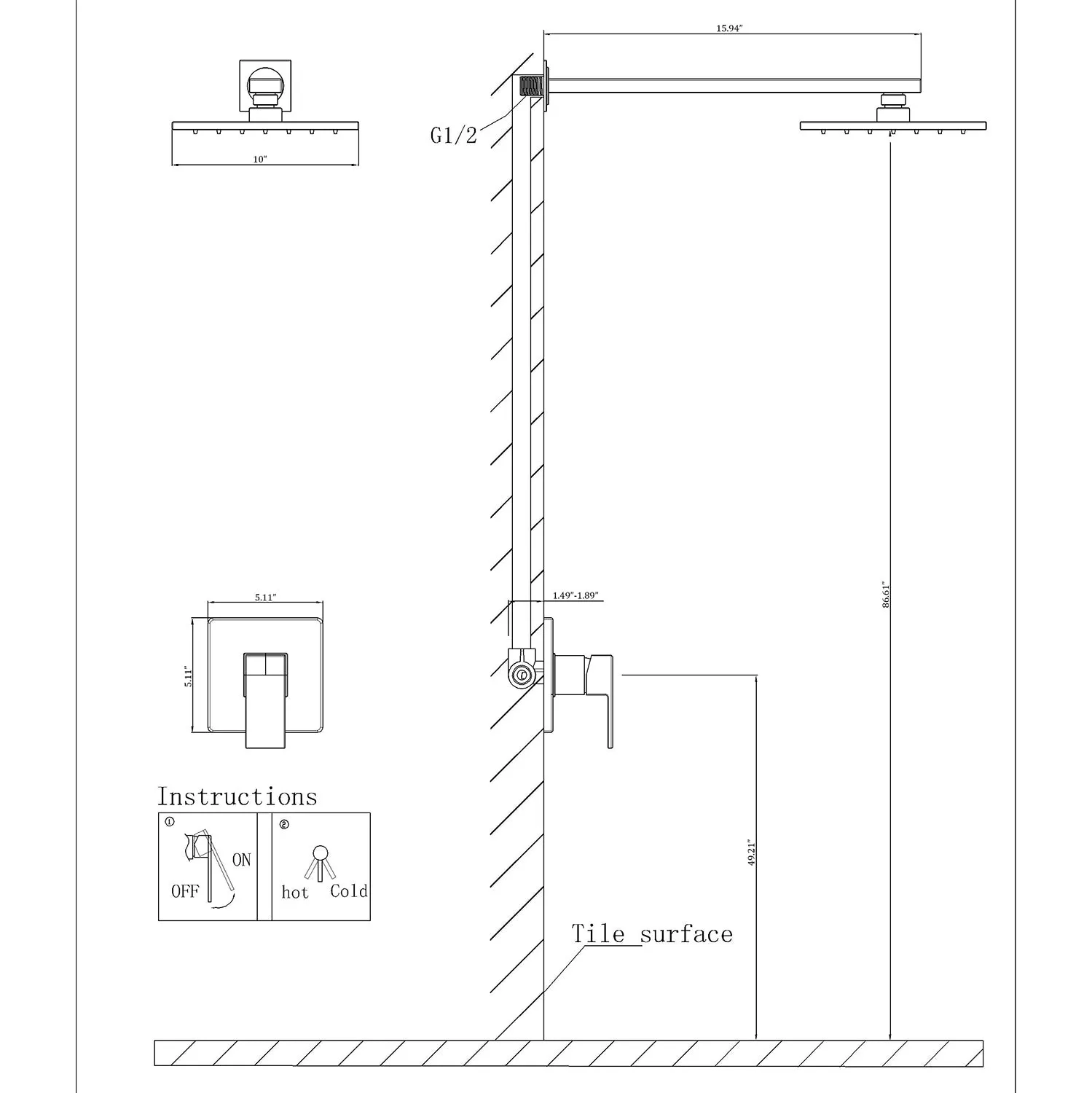 Modern Wall Mount Shower System with Ultra-thin Square Shower Head RB0785