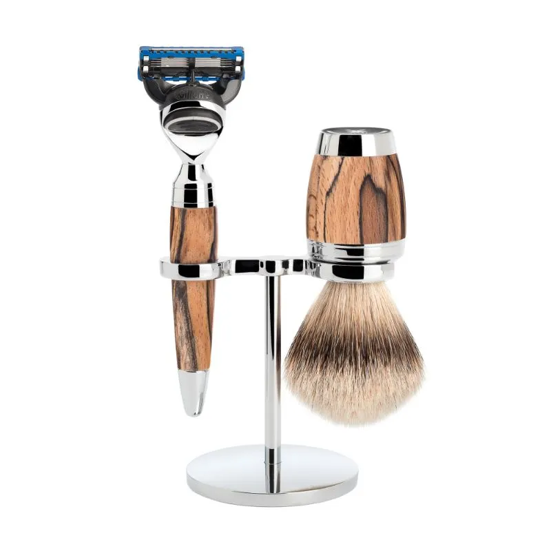 MUHLE Stylo, Spalted Beech, Shaving Set - Gillette® Fusion™ 5 Razor, Silvertip Badger Shaving Brush