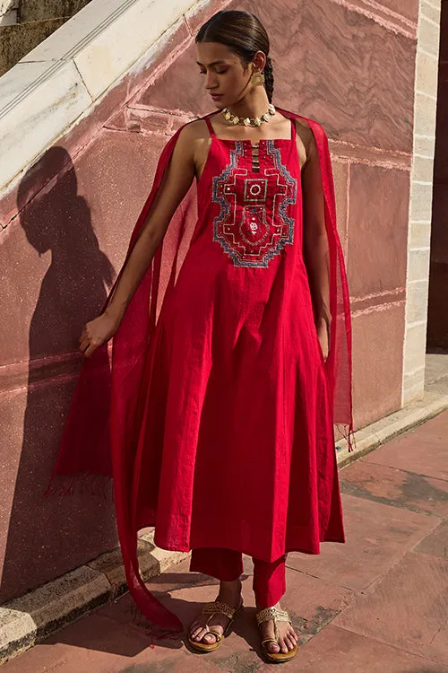 Okhai "Khajuraho" Hand Embroidered Mirror and Beadwork Pure Cotton Sling Kurta Pant Set with Dupatta