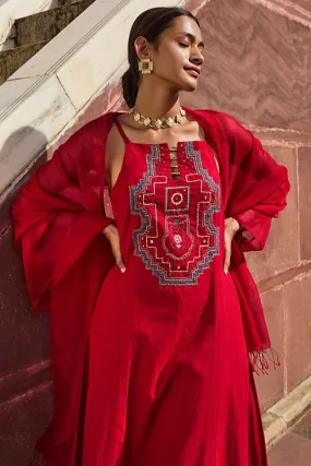 Okhai "Khajuraho" Hand Embroidered Mirror and Beadwork Pure Cotton Sling Kurta Pant Set with Dupatta