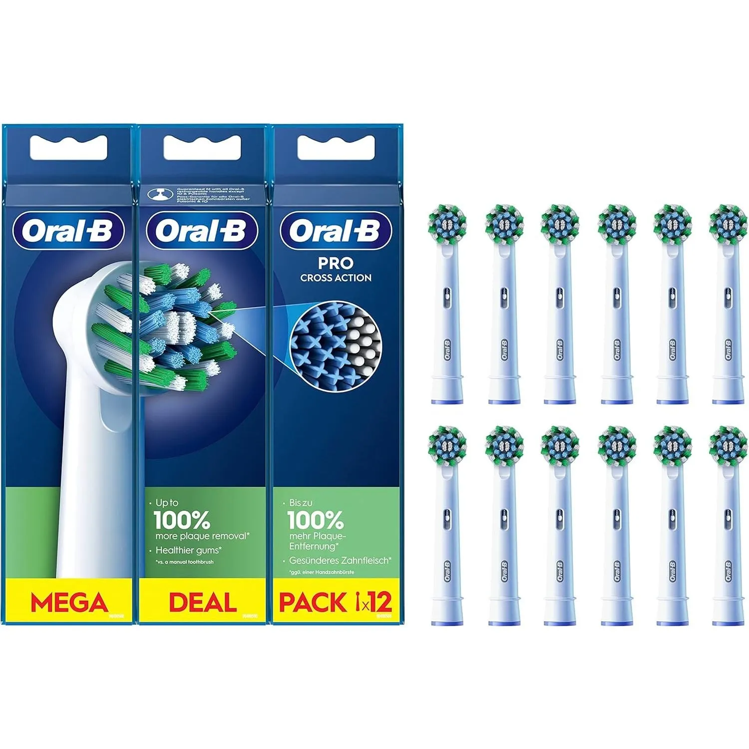 Oral-B Pro Cross Action Electric Toothbrush Head, X-Shape and Angled Bristles for Deeper Plaque Removal, Pack of 12 Toothbrush Heads, White