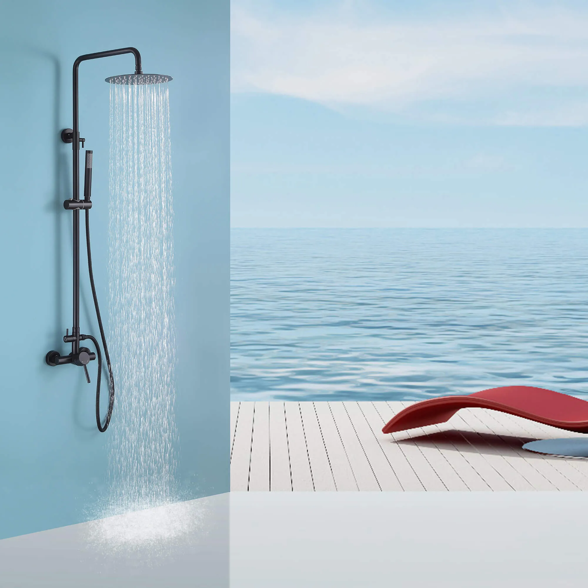 Outdoor Shower System 2-Function Polish Chrome Shower Faucet Set Wall Mount JK0146