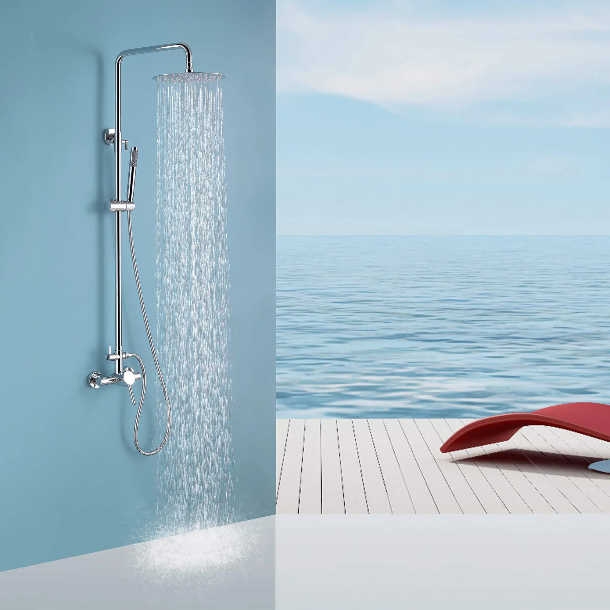 Outdoor Shower Wall Mount with 10-Inch Thin Shower Head and Handheld JK0290