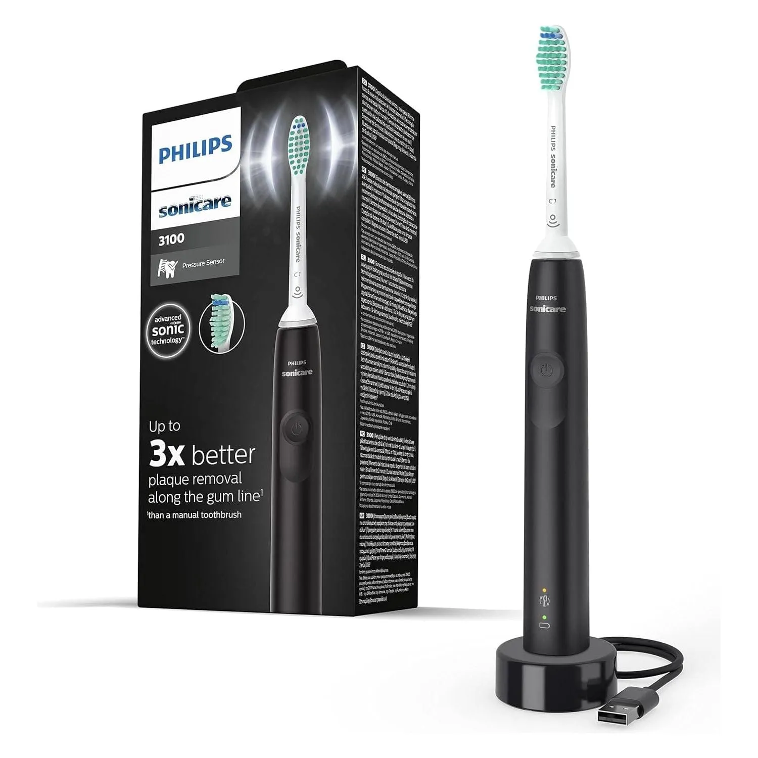 Philips Sonicare 3100 Series Sonic Electric Toothbrush with BrushSync Replacement Reminder (Model HX3671/14), Black