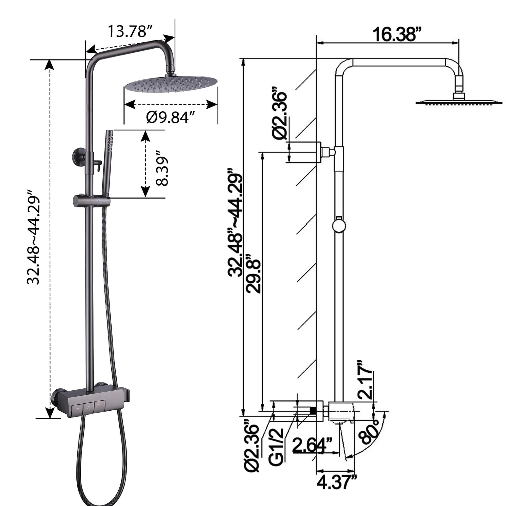 Premium Luxurious Wall Mount Gray Exposed Shower System RB1036