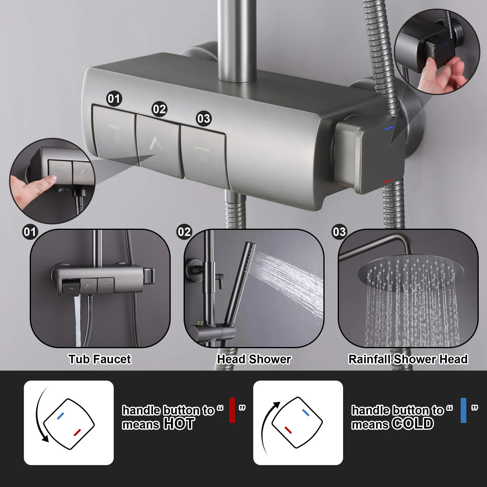 Premium Luxurious Wall Mount Gray Exposed Shower System RB1036