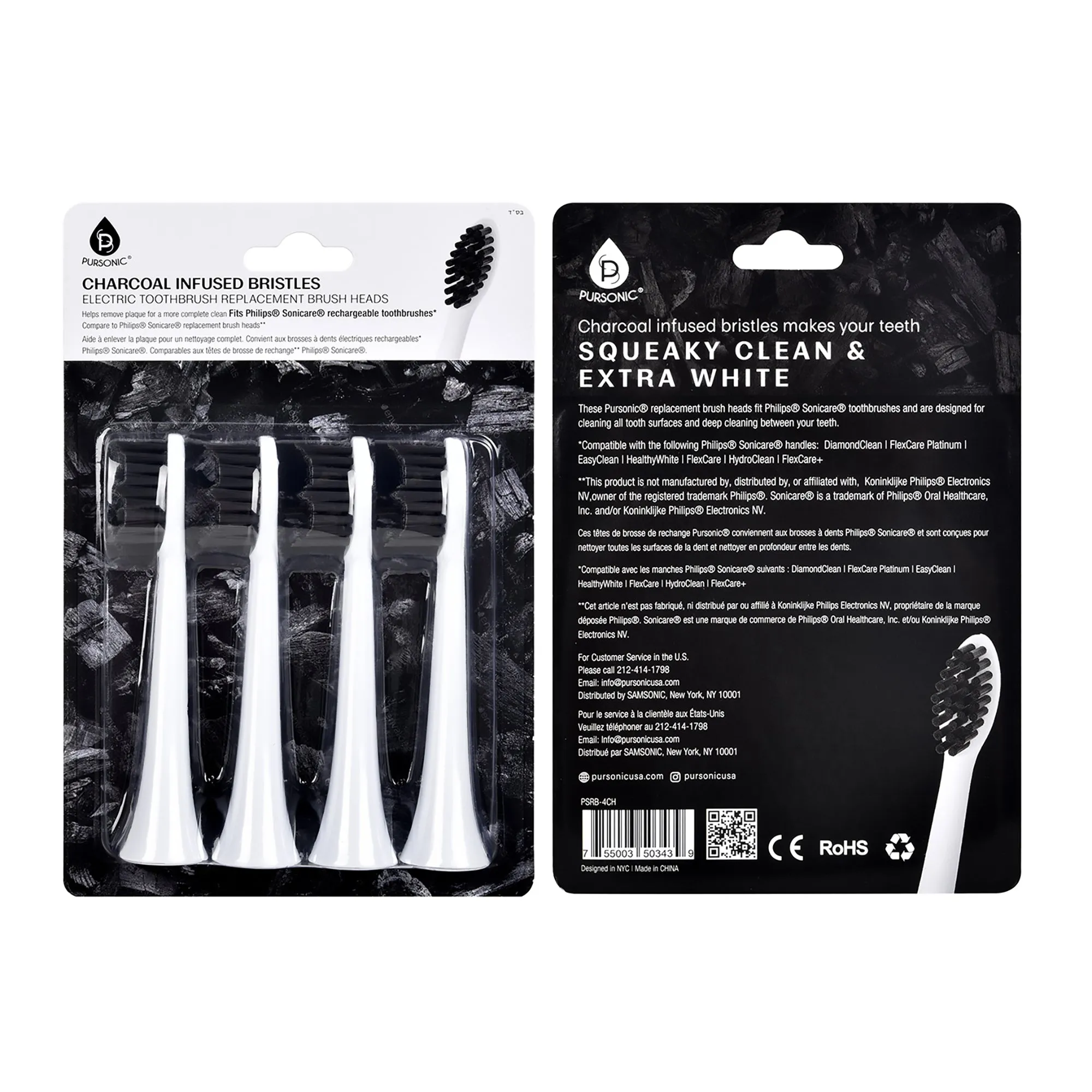 Pursonic Charcoal Infused Replacement Toothbrush Heads, Compatible with Philips Sonicare Handles - Pack