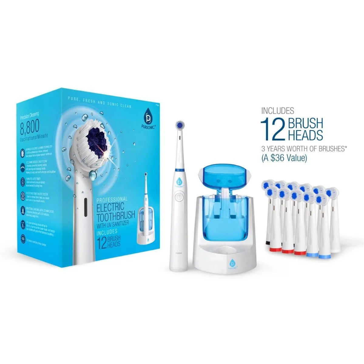 Pursonic RET200 Electric Toothbrush - 12 Brush Heads included