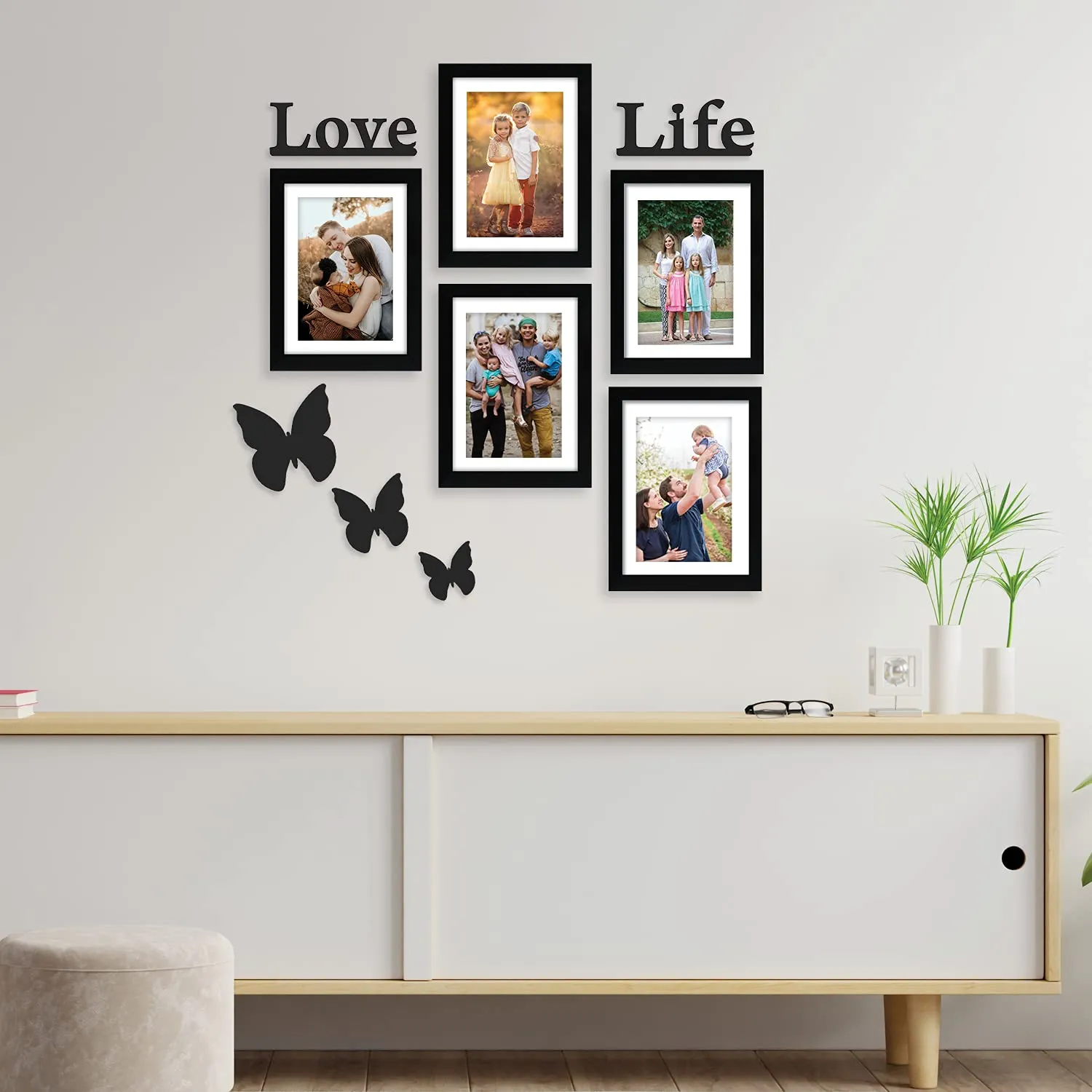 RANDOM Photo Frame of Photos and Picture for Home and Wall Decor for Living Room, Bedroom, Home, Office Set of 5 with 5 Mounts & Love Life & 3 Butterfry Plaques (Black, Size:5pcs 6x8),polyresin