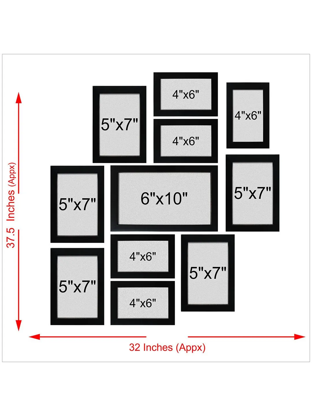 RANDOM Set of 11 Individual Photo frames (6"X10"-1,5"X7"-5, 4"X6"-5) Black