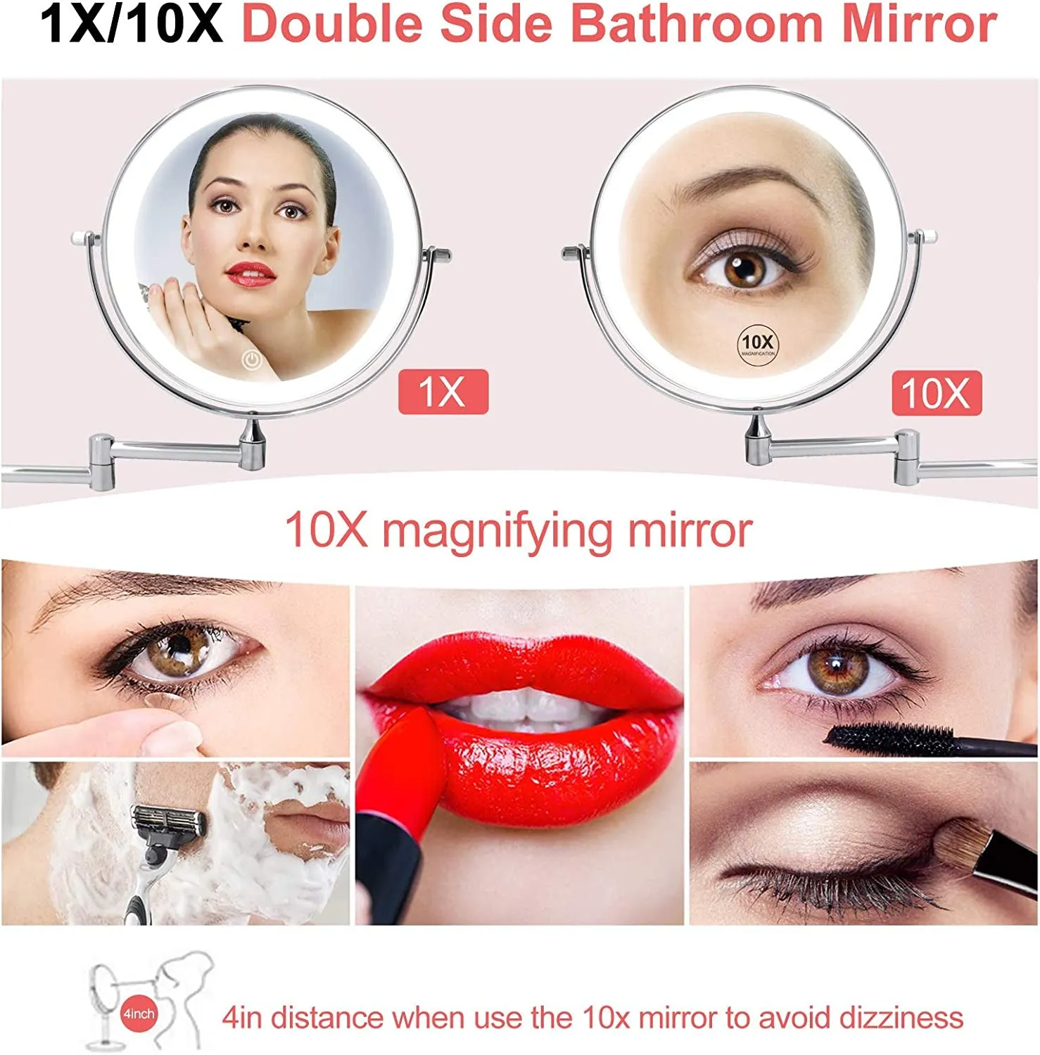 Rechargeable Wall Mounted Lighted Makeup Vanity Mirror 8 Inch Double Sided 1X 10X Magnifying Bathroom Mirror, 3 Color Lighting, Touch Screen Dimming, Extended Arm 360 Rotation Shaving Light up Mirror