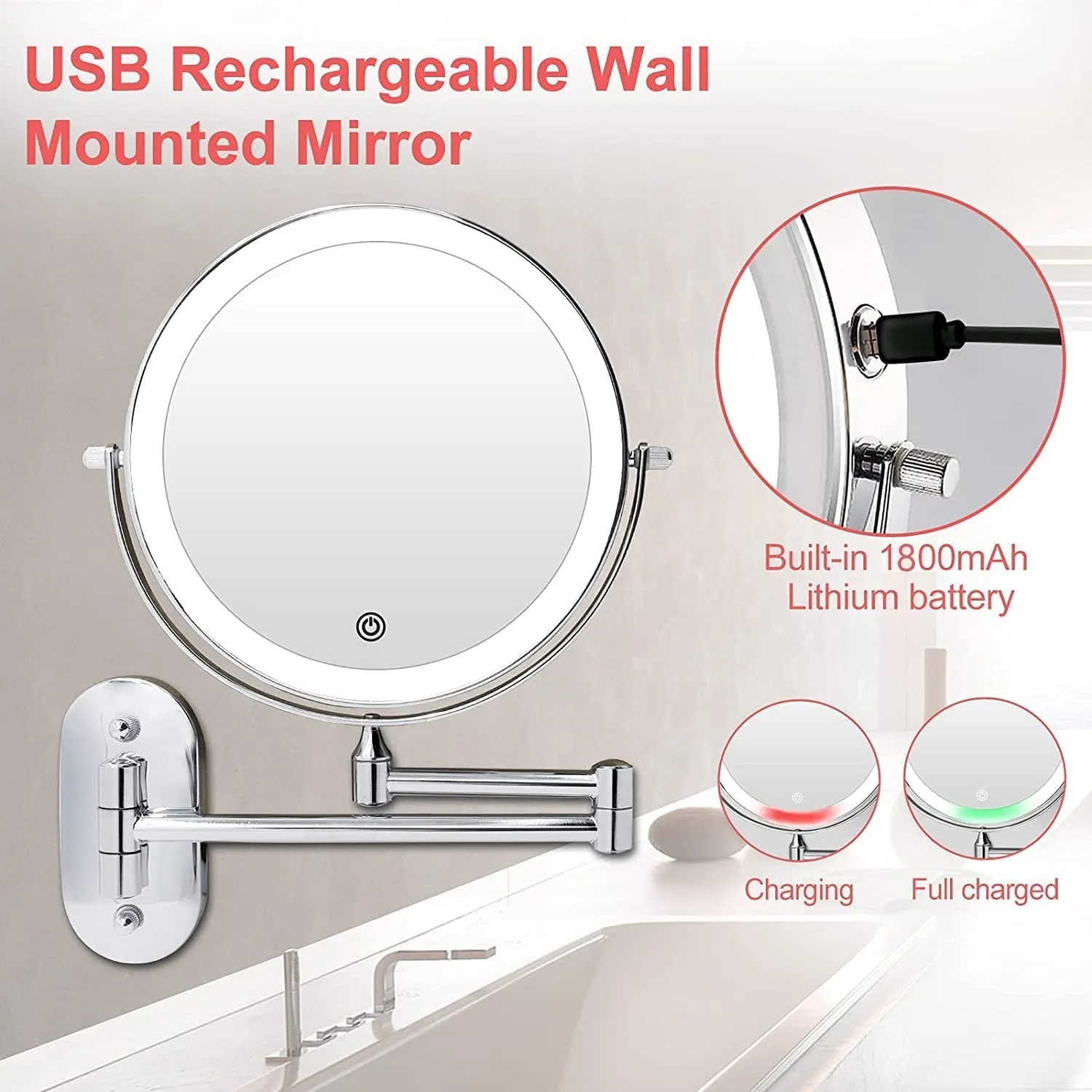 Rechargeable Wall Mounted Lighted Makeup Vanity Mirror 8 Inch Double Sided 1X 10X Magnifying Bathroom Mirror, 3 Color Lighting, Touch Screen Dimming, Extended Arm 360 Rotation Shaving Light up Mirror