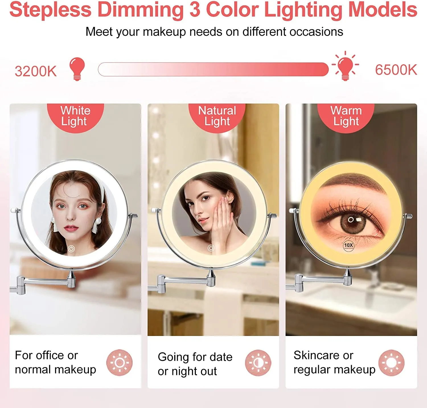 Rechargeable Wall Mounted Lighted Makeup Vanity Mirror 8 Inch Double Sided 1X 10X Magnifying Bathroom Mirror, 3 Color Lighting, Touch Screen Dimming, Extended Arm 360 Rotation Shaving Light up Mirror