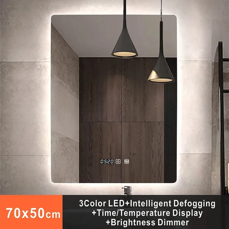 Rectangle Wall Mounted Smart Mirror for Bathroom with LED Light Time/Temperature, Display Anti-Fog, Touch Switch