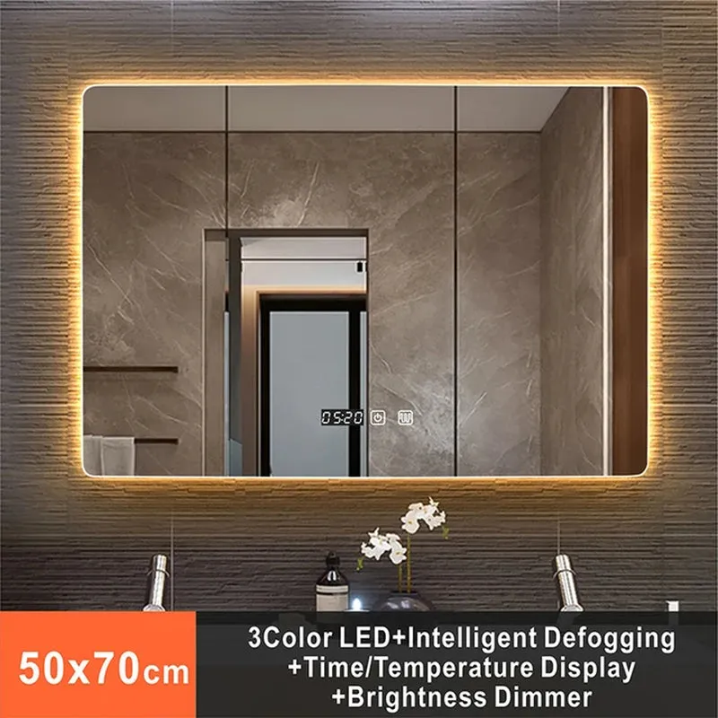 Rectangle Wall Mounted Smart Mirror for Bathroom with LED Light Time/Temperature, Display Anti-Fog, Touch Switch