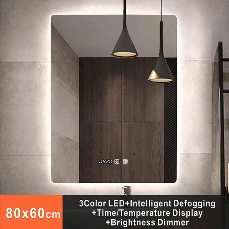 Rectangle Wall Mounted Smart Mirror for Bathroom with LED Light Time/Temperature, Display Anti-Fog, Touch Switch