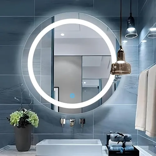 Round Led Bathroom Glass Mirror| Dimmable Lights | Wall-Mounted Vanity Mirror with 3 in 1 Color Led Light | 24 X 24 Inches