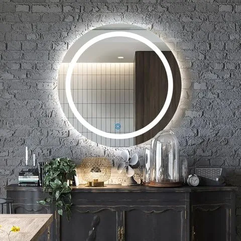 Round Led Bathroom Glass Mirror| Dimmable Lights | Wall-Mounted Vanity Mirror with 3 in 1 Color Led Light | 24 X 24 Inches
