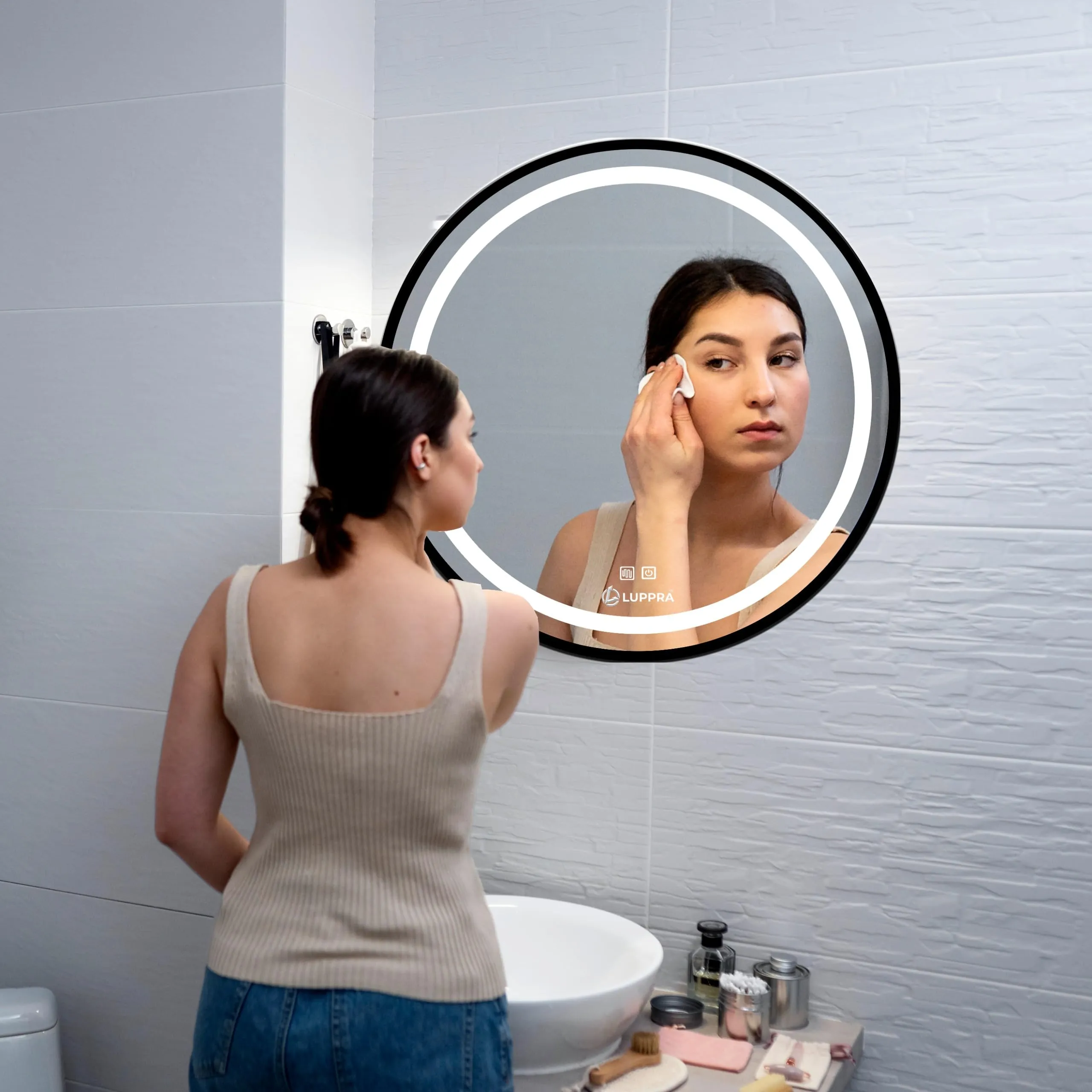 Round Mirror Wall Mounted with LED Light,Illuminated Vanity Mirror,Stylish Wall Mirror for Living Room/Bedroom/Dressing Room (Warm,White,Natural White, Size 24x24 Inch,Black Aluminium Framed).